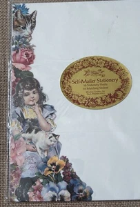 Vintage Victorian Girl Cats Floral Stationery w Matching Stickers Letter Writing - Picture 1 of 4