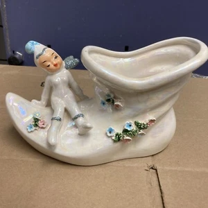 Vintage LEFTON Luster Glaze Pixie Elf On Boot Figural Planter Vase 50478 Kitsch - Picture 1 of 6