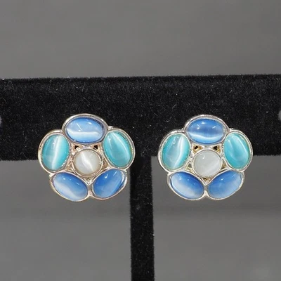 Pendientes Clip Monet Termoestable Azul Blanco Floral Racimo Tono Plata De Colección Foto 1 de 4