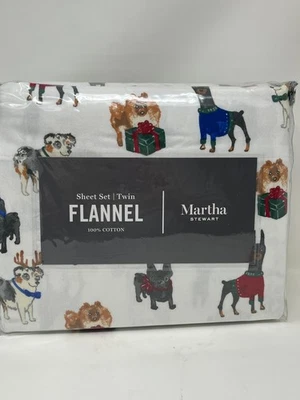 Martha Stewart Twin Flannel Sheet Set Christmas Holiday Dogs in Sweaters NEW - Image 1 of 4