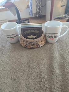 Vintage miniature Fishing creel basket 4 Beverage Coasters 2 Rapala Coffee Cups - Picture 1 of 10