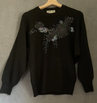 Suéter de Lana de Cordero Negro Flor Bordado Lentejuelas Cristal-Kobe De Colección Talla M Foto 1 de 4