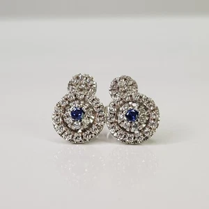 Sapphire Cluster Double Halo Stud Earrings Modern Solid 925 Sterling Silver 12mm - Picture 1 of 18