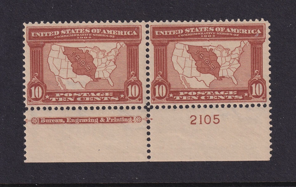 1904 Louisiana Purchase Sc 327 10c MLH OG plate number & imprint pair (TA - Image 1 of 2