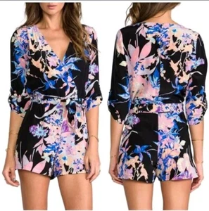 Yumi Kim Womens Small Black Floral Romper 100% Silk Tropical Vacation  - Picture 1 of 12