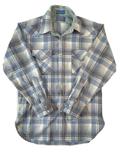 Vintage 70’s Pendleton Wool Blue Brown Plaid Guide Flannel Shirt Pearl Snap Med - Bild 1 von 12