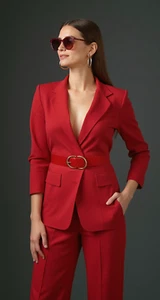 Women Red Basket Weave Faux Leather Waistband Unique Belt Gold Metal Buckle S M - Picture 1 of 23