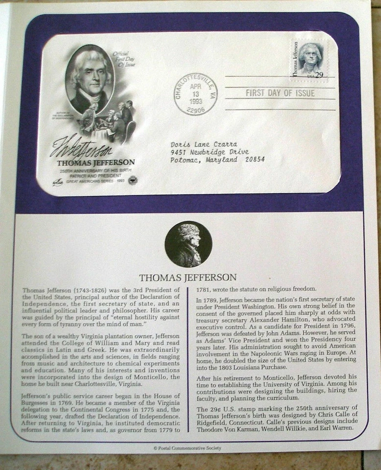 Postal Society First Day Cover FDC stamp # 2185 29 cent Thomas Jefferson 1993 - Image 1 of 1