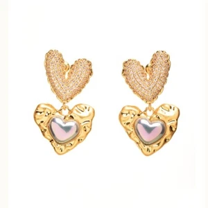 18K Unique Pin Heart Earrings, Heart Shaped Dangle Earrings - Picture 1 of 6