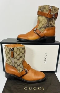 Gucci Boots Heel Engineer GG Canvas/Leather Brown Size 36.5 - Picture 1 of 19