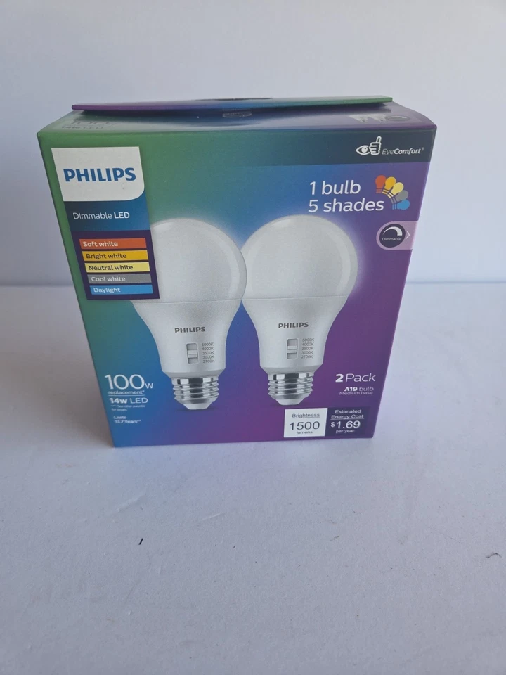 Philips 100W Equivalent 5 CCT A19 Medium Dimmable LED Light Bulb (2-Pack) 586883
