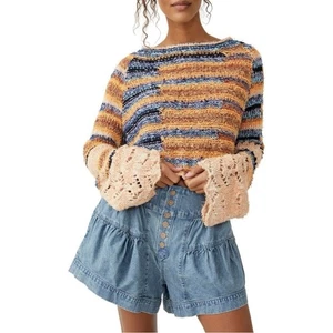 Free People Retro 70s Bohemian Bell Sleeve Oversized Crop Sweater Size Small - Picture 1 of 16