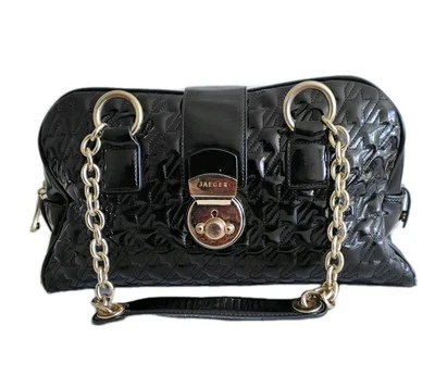 Impresionante bolso de mano Jaeger charol negro acolchado vintage 36x21 cm Foto 1 de 4