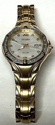 Seiko Solar White Mother of Pearl Women's Watch V-137 ODEO Diamond Bezel & Dial - Image 1 of 4
