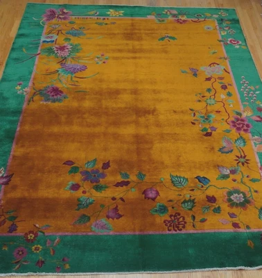 ANTIQUE CHINESE ART DECO HANDMADE Antique Art Deco Chinese Hand Knotted Wool Floral Gold Oriental Rug 4' x 6'