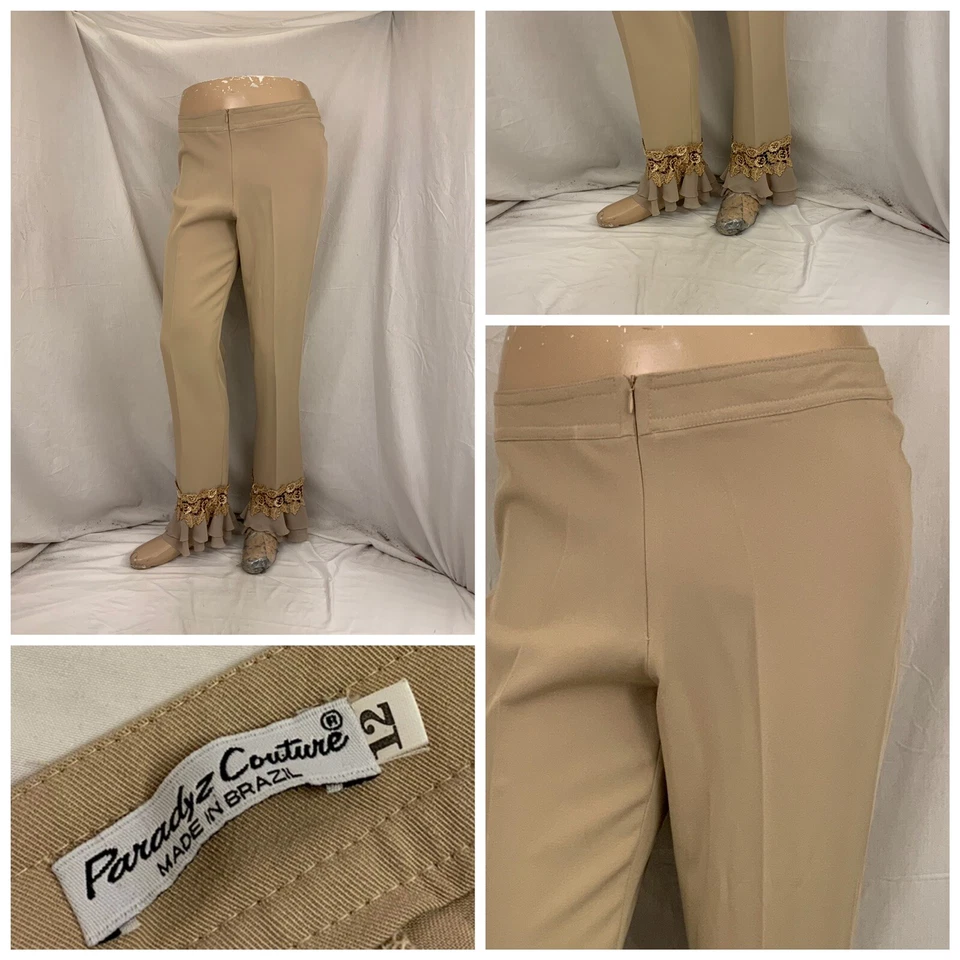 Calça Paradyz Couture tamanho 12 bege poli bootcut floral punhos de seda Brasil YGI T2-103 - Imagem 1 de 4