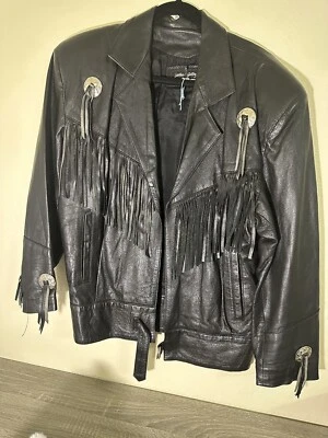 Chaqueta de motociclista/occidental con flecos de cuero negra Leather Gallery para mujer talla S Foto 1 de 4