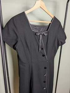 Vintage 1960s Satin Bow Neckline Button Pencil Wool? Dress - Picture 1 of 6