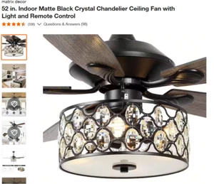 Matrix Decor 52 in. Indoor Matte Black Crystal Chandelier Fan w/Light+Remote - Picture 1 of 1
