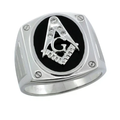 Anello Massonico In Argento Sterling Con Onice Nero E Pietre CZ E Accenti A Vite - Immagine 1 di 2