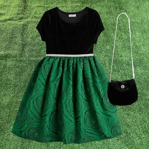 Blueberi Boulevard 2-pc. Floral Green Black Fit and Flare Dress w/ Purse Size 14 - Picture 1 of 17