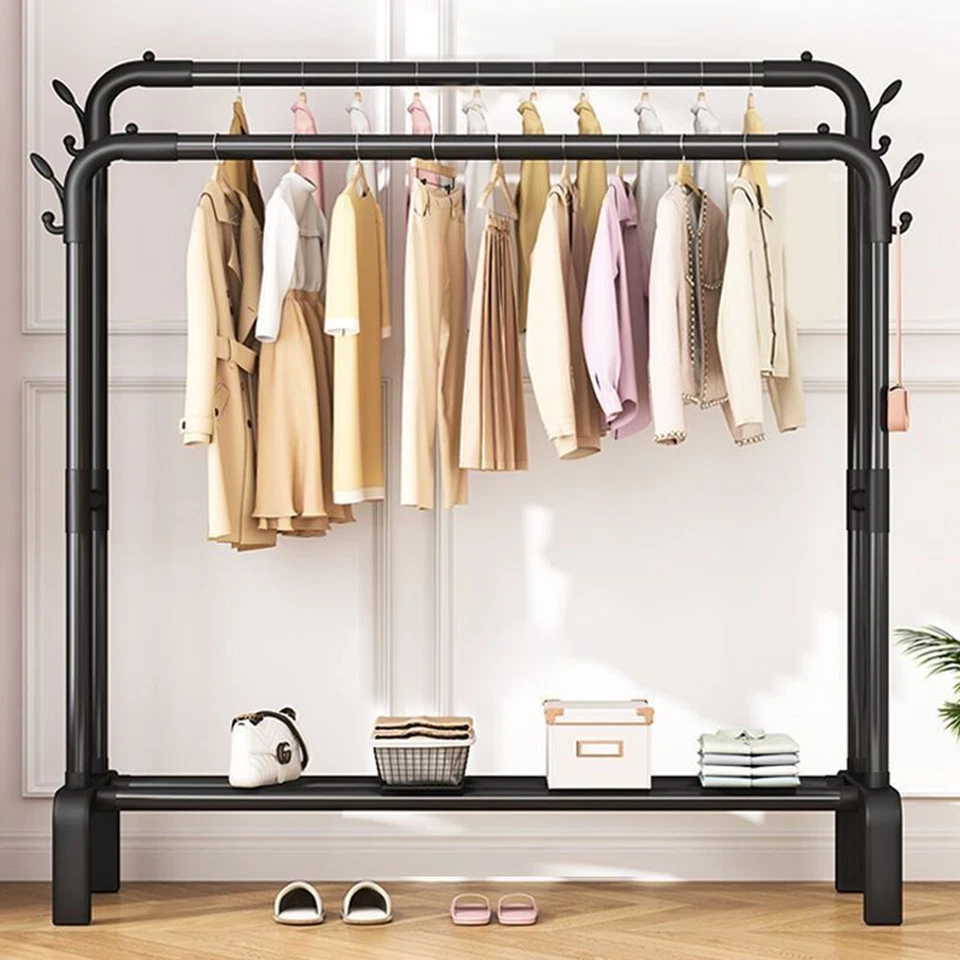 Double Rod Clothing Rack Heavy Duty Clothing Garment Rack w/ 4 Hooks for Bedroom - Image 1 of 4