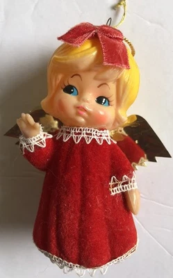 Enfeite de Natal anjo flocado vintage cabelo loiro 3,5" Japão - Imagem 1 de 4