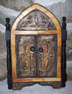 vintage moroccan black wood brass & bone gothic doors arched wall mirror - Image 1 of 4