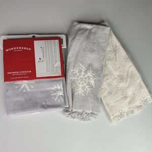 Wondershop Snowflake Shower Curtain Winter Snow Gray White Towel  Lot New - Picture 1 of 10