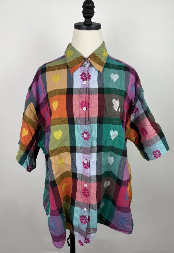 Camisa de retazos vintage años 90 para mujer 2X 2XL talla grande con botones corazones coloridos Foto 1 de 4