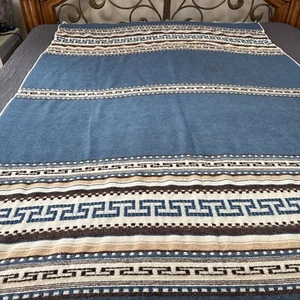 Vintage Blue and White Woven Reversible Throw Blanket Greek Key Aztec 84x 56” - Picture 1 of 6