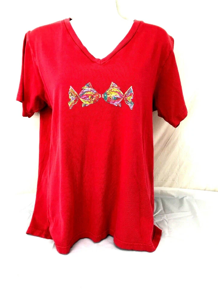 AS IS Fresh Produce sz XS Short Sleeve Shirt Red Fish Design - Image 1 of 4
