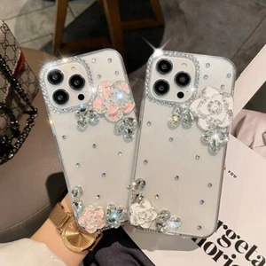 Funda para iPhone 7 8+ 14 13 15 16 Pro Max Lujo Diamantes Moño Camelia Cubierta - Imagen 1 de 19