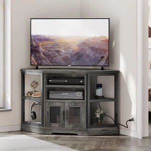 Corner TV Stand with Power Outlets & LED Lights TV Console Entertainment Center - Picture 1 of 24