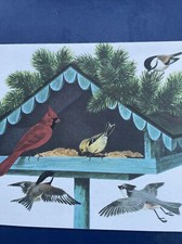 Vintage Christmas Card MCM Cardinal Red bird Feeder Chickadee Titmouse Finch