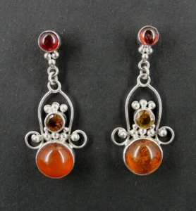 Sajen Earrings Silver Sterling 925 Amber with Garnet Red Stones Drop Pierced - Picture 1 of 4