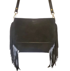 Gorgeous Black Leather Suede Fringe Shoulder Bag Tote Brown inside Vintage Purse - Picture 1 of 5