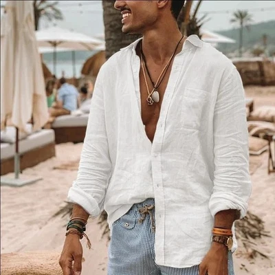 Zaire - Camisa de lino manga larga para hombre en verde y blanco tallas S a 3XL Foto 1 de 4