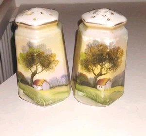 Vintage Nippon Hand Painted Salt and Pepper Shaker Landscape Tree Design - Picture 1 of 13