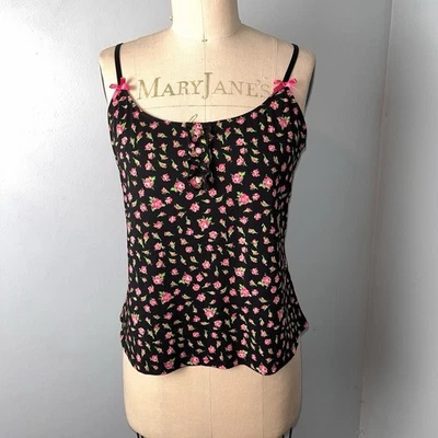 Betsey Johnson Rose Rosette Floral Babydoll Cami Ribbons Bows Black Y2K Large - Image 1 of 4