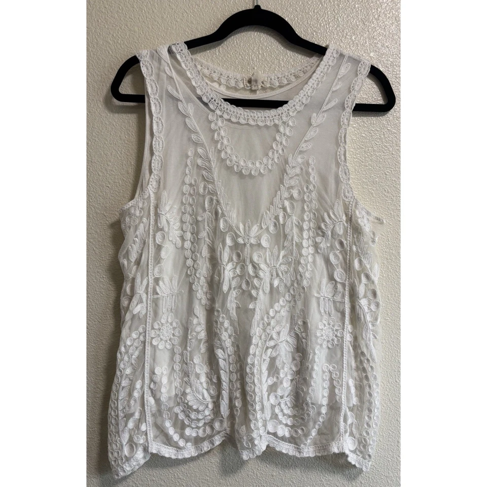 Pantalones de mezclilla tribales para mujer talla L blancos bordados sin mangas forrados con encaje festival costero Foto 1 de 4