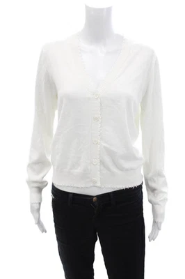 Minnie Rose Womens Cotton Distress V-Neck Cardigan Sweater Top White Sz S - Image 1 of 4