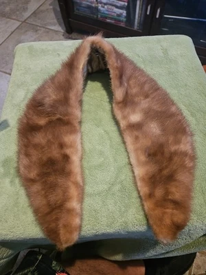 Vintage 1950's Brown Colored Fur Collar 27" w/ Tan Silk Back w/ Pin Closures - Image 1 of 4