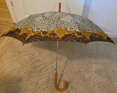 Vintage Animal Print Baroque Style Trim 36" Umbrella Curved Wood Handle - Image 1 of 4