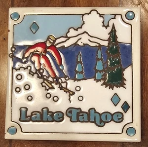 Piastrelle dipinte ceramica lago Tahoe sottopiumino da parete sci neve montagna alberi - Foto 1 di 5