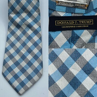 Pres. DONALD TRUMP Signature Collection Men Neck tie Blue Checkered Silk Luxury - Image 1 of 4