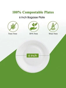 Paper Plates Eco Friendly Sugar Cane 6 In Paper Plates Qty 50 - Picture 1 of 3