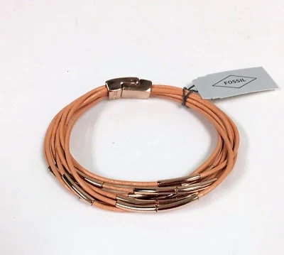 PLACA FÓSIL TONO ORO ROSA, PULSERA CORDÓN CUERO MARRÓN MULTIHILO-JOA00296 Foto 1 de 4