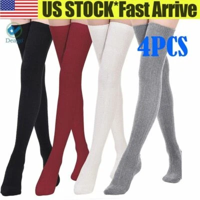 Women 4Pairs Cable Knit Extra Long Boot Socks Over Knee Thigh High Warm Stocking - Image 1 of 4