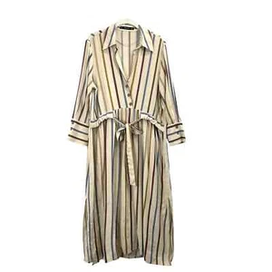 Zara belted striped collared midi dress Sz L earthy boho neutral - Picture 1 of 8